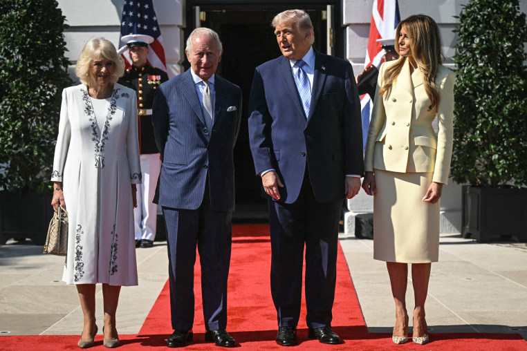 President Donald Trump and First lady Melania Trump greet Britain's King Charles III and Britain's Queen Camilla