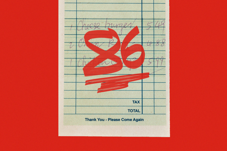 Photo illustration of "86" written in red marker on a "guest check" 