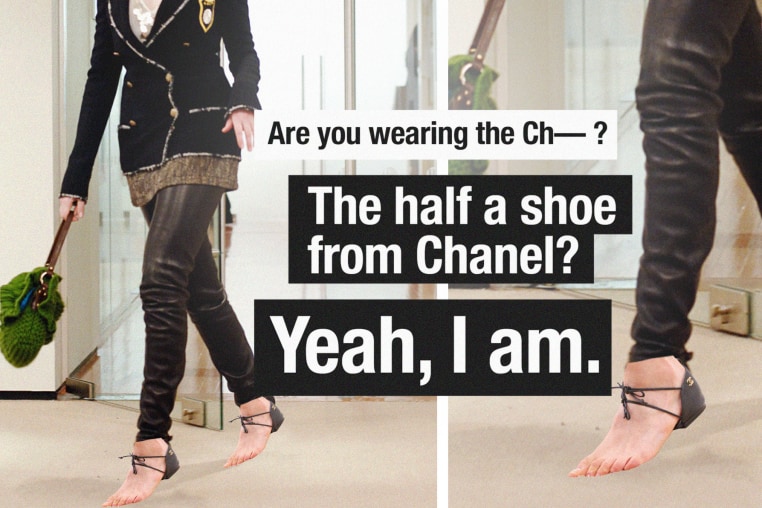 Illustration of Anne Hathaway in "The Devil Wears Prada," full length. Photos of the Chanel half sandals are overlayed onto her feet with text reading "Are you wearing the Ch-?" "The half a shoe from Chanel? Yeah, I am."