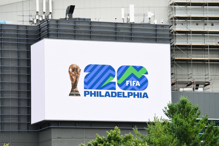 A general view of signage with the FIFA World Cup 26 Philadelphia logo on the exterior of the Wells Fargo Center 