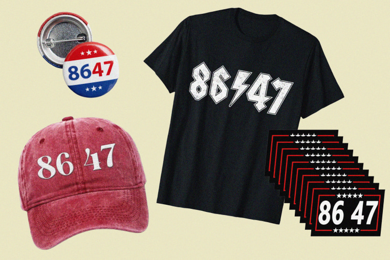 Several 8647 items for sale on the internet, including: a hat, pin, t-shirt and stickers.