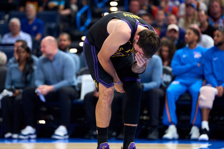 OKLAHOMA CITY, OKLAHOMA - APRIL 02: Luka Doncic #77 of the Los Angeles Lakers reacts after a play during the second half against the Oklahoma City Thunder at the Paycom Center on April 2, 2026 in Oklahoma City, Oklahoma. NOTE TO USER: User expressly acknowledges and agrees that, by downloading and or using this photograph, User is consenting to the terms and conditions of the Getty Images License Agreement. (Photo by Cooper Neill/Getty Images)