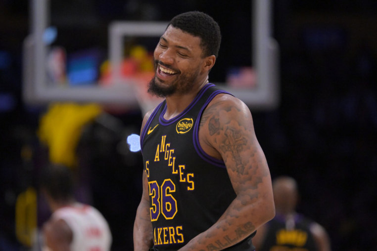 Apr 21, 2026; Los Angeles, California, USA; Los Angeles Lakers guard Marcus Smart (36) smiles on the court during the second half of game two of the first round of the 2026 NBA Playoffs against the Houston Rockets at Crypto.com Arena. Mandatory Credit: Jayne Kamin-Oncea-Imagn Images