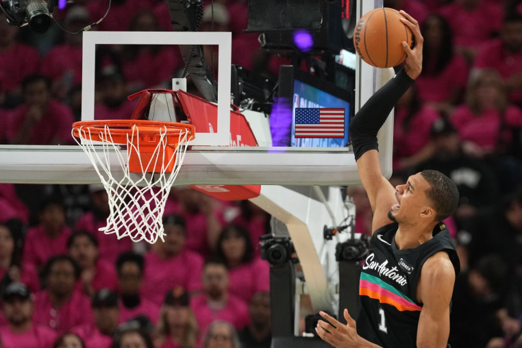 Apr 19, 2026; San Antonio, Texas, USA; San Antonio Spurs forward Victor Wembanyama (1) goes up to dunk during the second half of game one of the first round of the 2026 NBA Playoffs against the Portland Trail Blazers at Frost Bank Center. Mandatory Credit: Scott Wachter-Imagn Images