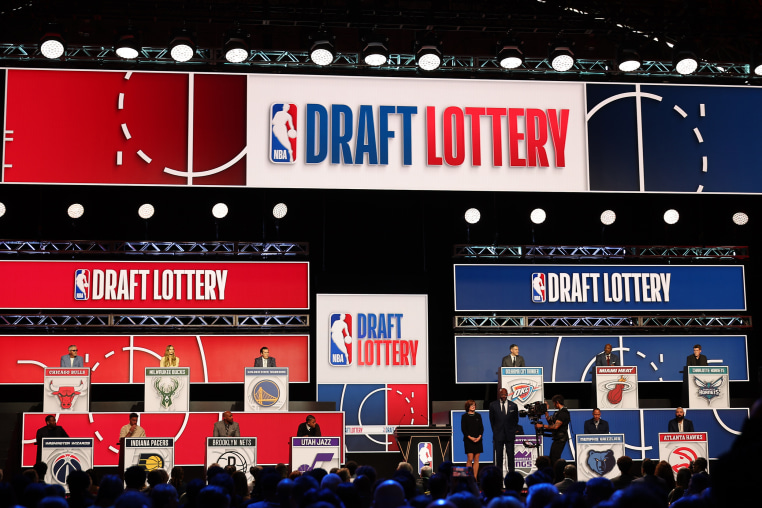An overall view of the signage during the 2026 NBA Draft Lottery on May 10, 2026 at Navy Pier in Chicago, Illinois. 