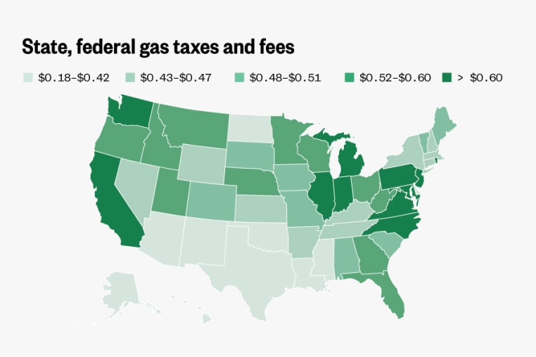 This U.S. state map shows how much in state, federal taxes and fees are tacked on to a gallon of gas. Values range from 18 cents to more than 60 cents per gallon.