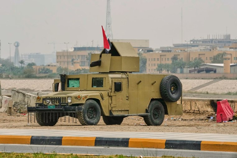 An Iraqi army armored humvee vehicle is deployed to protect the U.S. Embassy in Baghdad