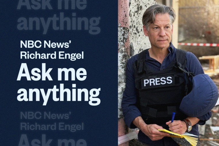 Illustration of Richard Engel, in a press flack jacket and helmet, next to text that reads "NBC News' Richard Engel: Ask me anything."