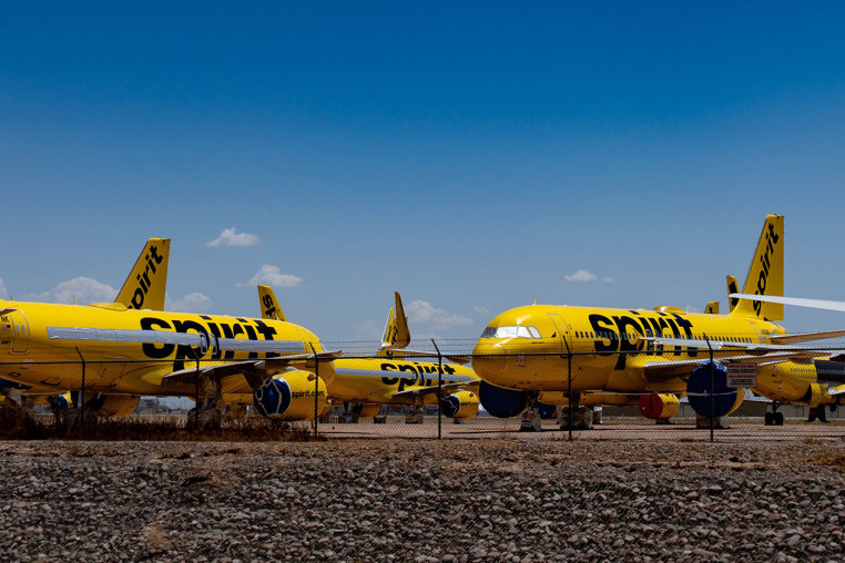 SyOut-of-service Spirit Airlines aircraft rest at Phoenix Goodyear Airport in Arizona on May 2, 2026.