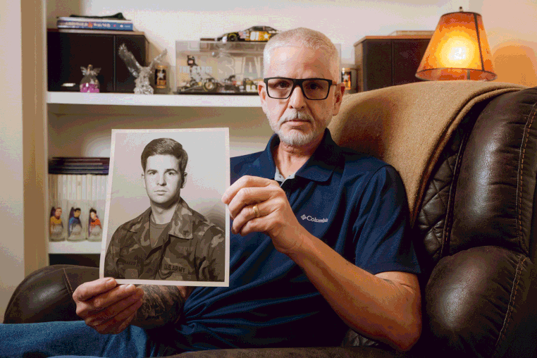 Image: A slideshow gif of images of Guy Shoemaker, some showing old photographs of him during military service. The penultimate image shows Guy and his wife in their home together.