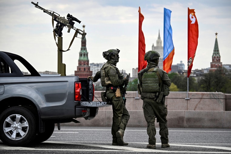 Russian FSO officers patrol central Moscow on May 5, 2026, ahead of the Victory Day military parade.