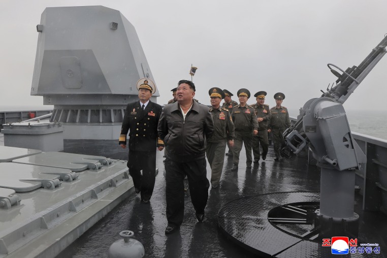 Image: North Korea's leader Kim Jong Un visits the destroyer Choe Hyon to review its maneuverability off North Korea's west coast, May 7, 2026. Independent journalists were not given access to cover the event depicted in this image distributed by the North Korean government.