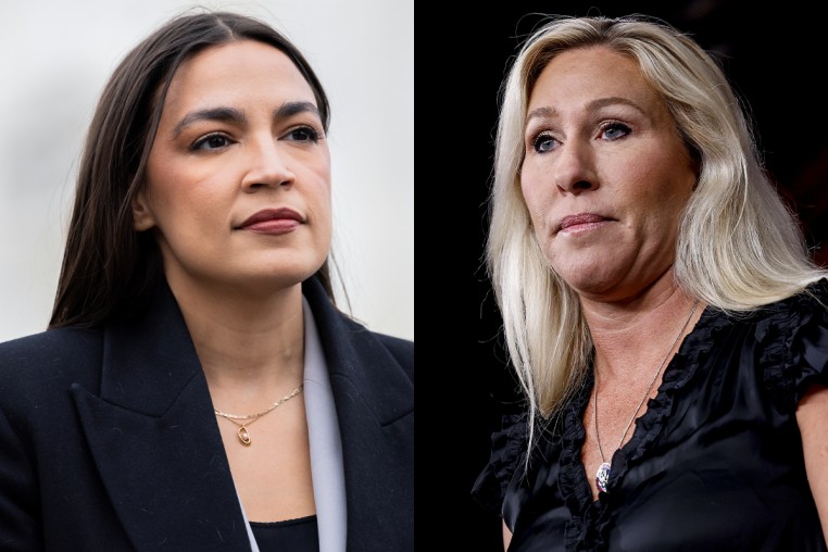 A split composite image of Alexandria Ocasio-Cortez, left, and Marjorie Taylor Greene