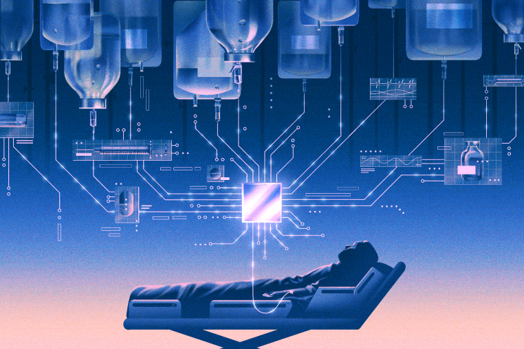 A patient lies in a hospital bed with a pick line attached to their arm, which is connected to a glowing computer chip that is connected to various IV bags and medical screens.