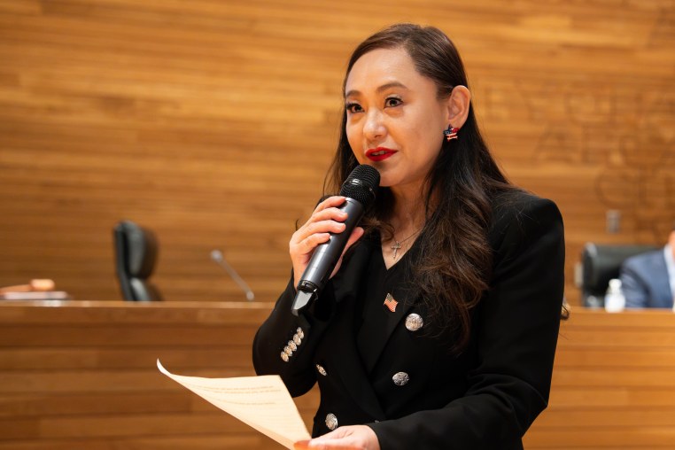 Eileen Wang speaks at City Hall in Arcadia, Calif., in 2025.