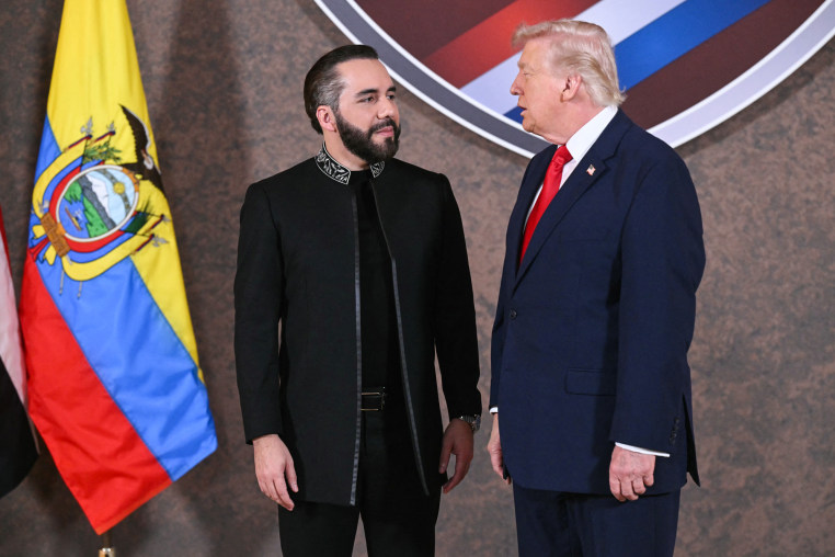 Nayib Bukele, left, and Donald Trump stand next to each other