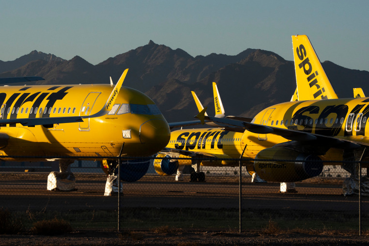 Spirit Airlines Planes Sit Parked  At Phoenix Goodyear Airport After Airline Shuts Down