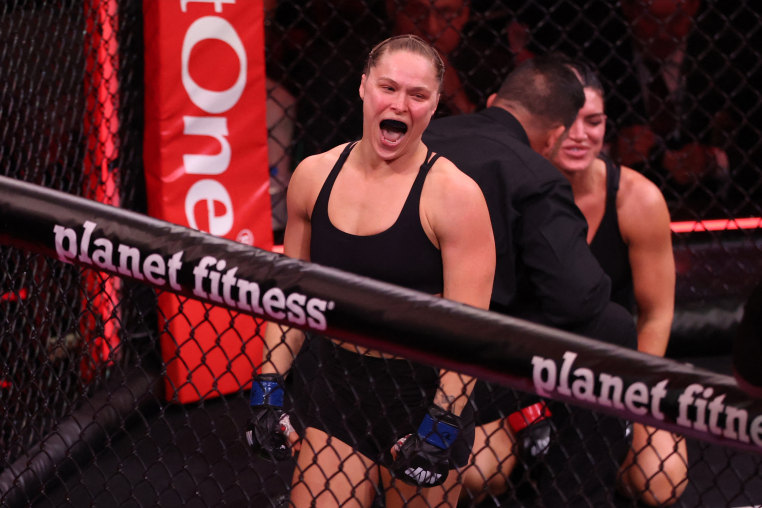 Mixed Martial Arts (MMA) fighter Ronda Rousey reacts after defeating Gina Carano during their Featherweight Bout at the Intuit Dome in Inglewood, California, on May 16, 2026.