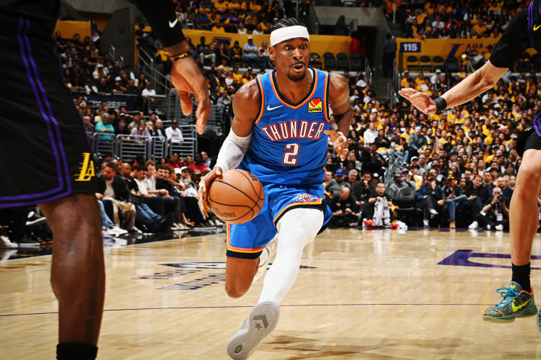 Shai Gilgeous-Alexander of the Oklahoma City Thunder drives to the basket during a game against the Los Angeles Lakers on May 11, 2026.