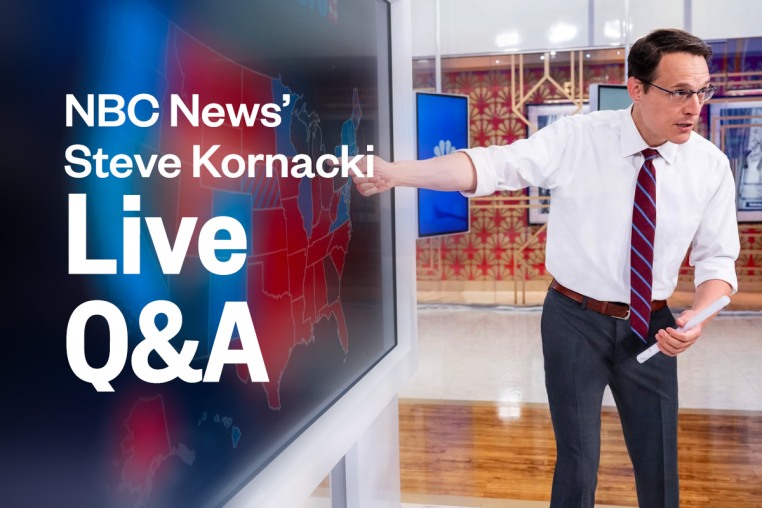 Steve Kornacki points at his "big board," with the words "Live Q&A" written.