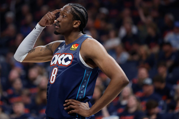 Apr 22, 2026; Oklahoma City, Oklahoma, USA; Oklahoma City Thunder guard Jalen Williams (8) gestures to his team before a play against the Phoenix Suns in the first half during game two of the first round of the 2026 NBA Playoffs at Paycom Center. Mandatory Credit: Alonzo Adams-Imagn Images