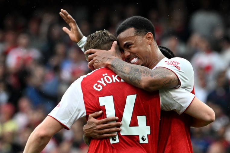LONDON, ENGLAND - MAY 02: Viktor Gyoekeres of Arsenal celebrates scoring his team's third goal with teammate Gabriel during the Premier League match between Arsenal and Fulham at Emirates Stadium on May 02, 2026 in London, England. (Photo by Stuart MacFarlane/Arsenal FC via Getty Images)