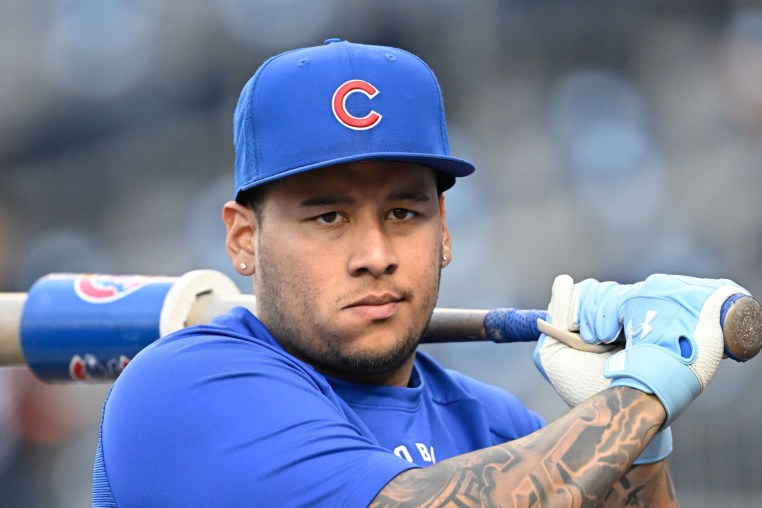 Apr 27, 2026; San Diego, California, USA; Chicago Cubs catcher Moises Ballesteros (25) warms-up before a game against the San Diego Padres at Petco Park. Mandatory Credit: Denis Poroy-Imagn Images