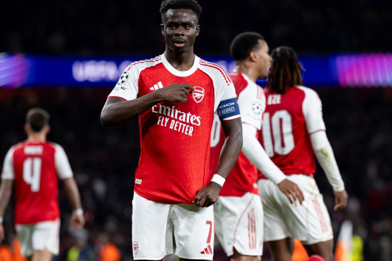 LONDON, ENGLAND - MAY 5: Bukayo Saka of Arsenal celebrates after scoring his sides first goal during the UEFA Champions League 2025/26 Semi Final Second Leg match between Arsenal FC and Atletico de Madrid at Arsenal Stadium on May 5, 2026 in London, England. (Photo by Gaspafotos/MB Media/Getty Images)
