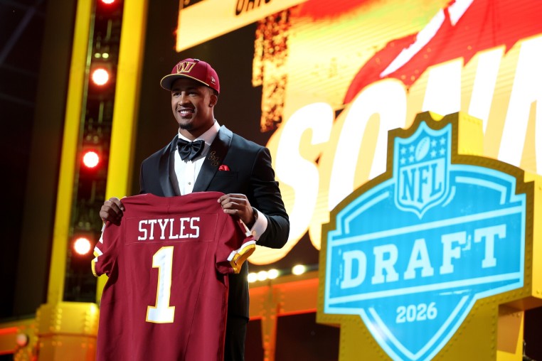 PITTSBURGH, PENNSYLVANIA - APRIL 23: Sonny Styles of Ohio State celebrates after being selected seventh overall pick by the Washington Commanders during Round One of the 2026 NFL Draft at Acrisure Stadium on April 23, 2026 in Pittsburgh, Pennsylvania. (Photo by Emilee Chinn/Getty Images)