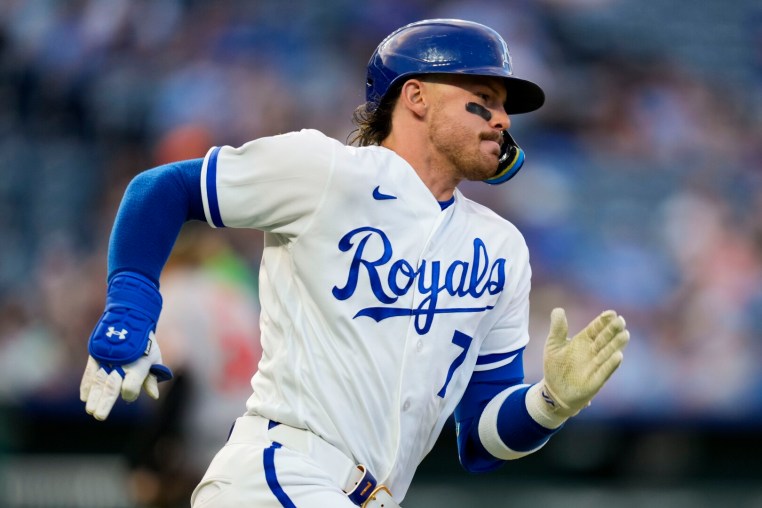 Apr 21, 2026; Kansas City, Missouri, USA; Kansas City Royals shortstop Bobby Witt Jr. (7) runs toward first base during the third inning against the Baltimore Orioles at Kauffman Stadium. Mandatory Credit: Jay Biggerstaff-Imagn Images