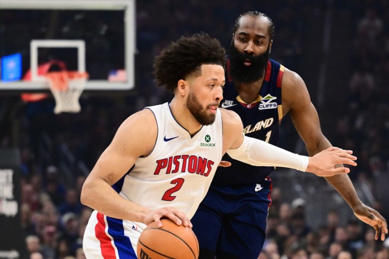 May 15, 2026; Cleveland, Ohio, USA; Detroit Pistons guard Cade Cunningham (2) drives to the basket against Cleveland Cavaliers guard James Harden (1) during the second half in game six of the second round of the 2026 NBA Playoffs at Rocket Arena. Mandatory Credit: Ken Blaze-Imagn Images
