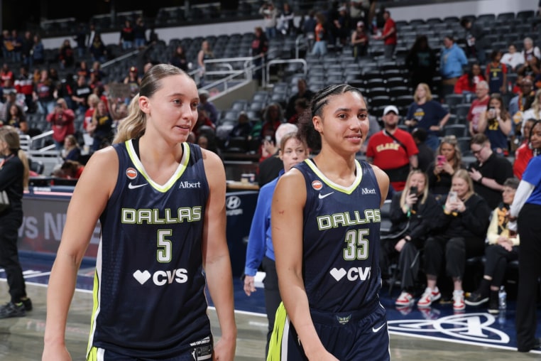 INDIANAPOLIS, IN - APRIL 30: Paige Bueckers #5 and Azzi Fudd #35 of the Dallas Wings look on after the game against the Indiana Fever during a 2026 preseason game on April 30, 2026 at Gainbridge Fieldhouse in Indianapolis, Indiana. NOTE TO USER: User expressly acknowledges and agrees that, by downloading and or using this Photograph, user is consenting to the terms and conditions of the Getty Images License Agreement. Mandatory Copyright Notice: Copyright 2026 NBAE (Photo by Jeff Haynes/NBAE via Getty Images)