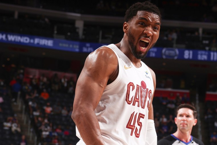 DETROIT, MI - MAY 17: Donovan Mitchell #45 of the Cleveland Cavaliers celebrates during the game against the Detroit Pistons during Round Two Game Seven of the 2026 NBA Playoffs on May 17, 2026 at Little Caesars Arena in Detroit, Michigan. NOTE TO USER: User expressly acknowledges and agrees that, by downloading and/or using this photograph, User is consenting to the terms and conditions of the Getty Images License Agreement. Mandatory Copyright Notice: Copyright 2026 NBAE (Photo by Nathaniel S. Butler/NBAE via Getty Images)