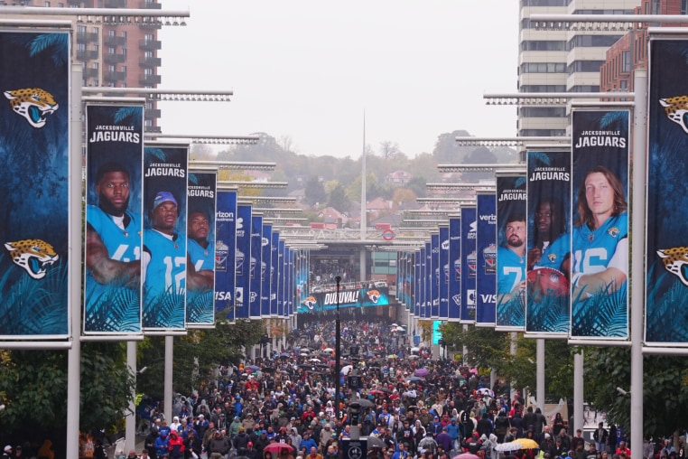 Fans arriving before the NFL International match at the Wembley Stadium, London. Picture date: Sunday October 19, 2025. Photo credit should read: Bradley Collyer/PA Wire. RESTRICTIONS: Use subject to restrictions. Editorial use only, no commercial use without prior consent from rights holder. (Photo by Bradley Collyer/PA Images via Getty Images)