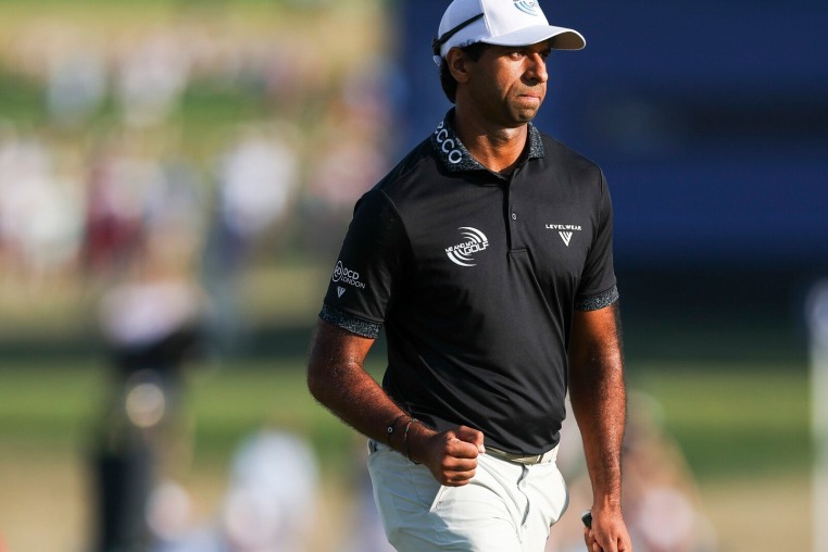 NEWTOWN, PENNSYLVANIA - MAY 17: Aaron Rai of England celebrates after a putt on the 17th green during the final round of the PGA Championship at Aronimink Golf Club on May 17, 2026 in Newtown, Pennsylvania. (Photo by Maddie Meyer/PGA of America/PGA of America via Getty Images)