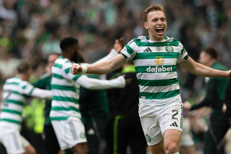GLASGOW, SCOTLAND - MAY 16: Celtic's Alistair Johnston celebrates after Daizen Maeda scores to make it 2-1 during a William Hill Premiership match between Celtic and Heart of Midlothian at Celtic Park, on May 16, 2026, in Glasgow, Scotland. (Photo by Craig Williamson/SNS Group via Getty Images)