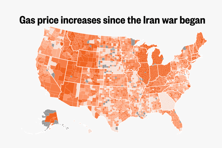 This map shows the change in average gas prices since the start of the Iran war in most every county-level jurisdiction in the U.S. 