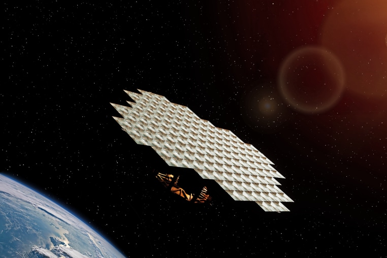 A rendering of Star Catcher’s Power Node, which uses lenses to collect and concentrate sunlight in Earth orbit. A refined beam is then transmitted to client satellites when and where they need it. 