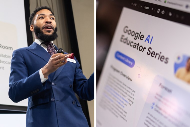 A split composite image, on left, Winston Roberts speaks on stage, on right, a photo of a laptop screen showing a webpage with text that reads "Google AI Educator Series"