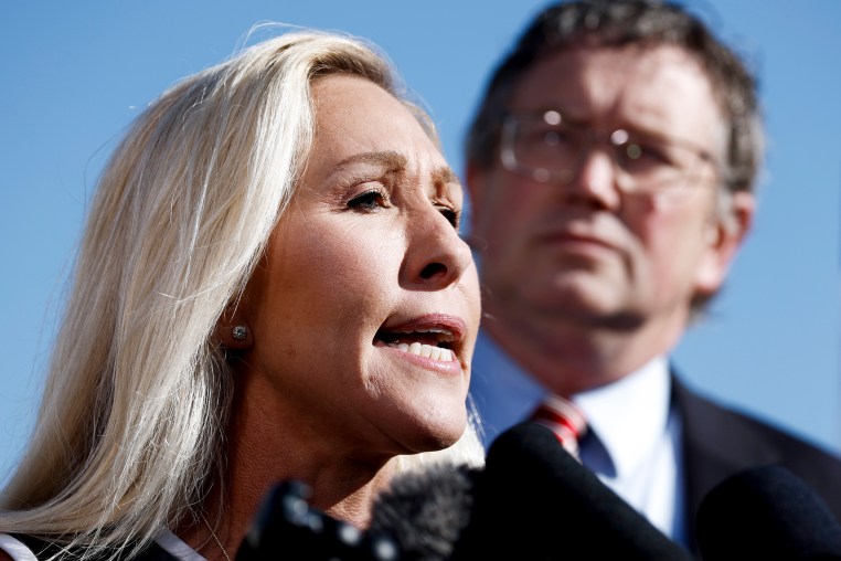 Rep. Marjorie Taylor Greene (R-GA) speaks at a news conference alongside Rep. Thomas Massie (R-KY) at the U.S. Capitol Building on May 01, 2024 in Washington, DC.