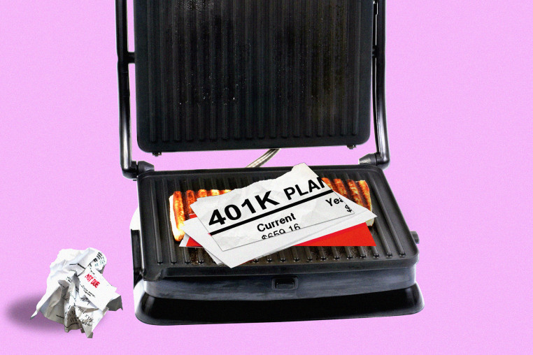 Photo illustration of a panini press showing a snippet of a 401K Plan 