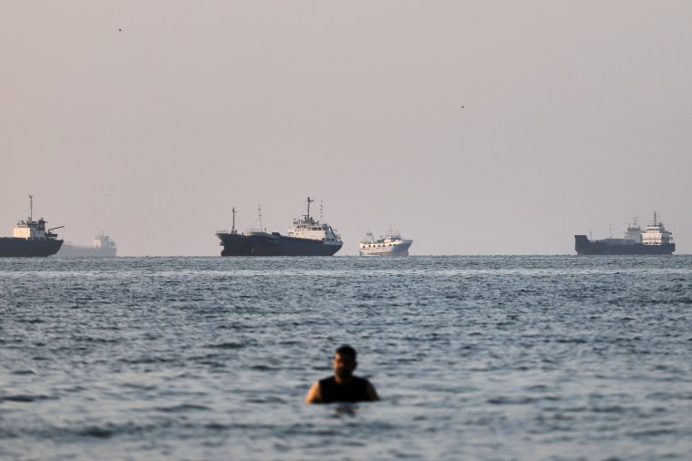 A person stands on shallow water as cargo and commercial vessels are anchored in the Strait of Hormuz off Bandar Abbas, Iran.