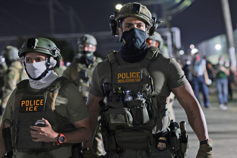 omeland Security Investigations and Immigration and Customs Enforcement officers arrive to push protesters back at the Delaney Hall Immigration Detention Center on June 12, 2026 in Newark, N.J.