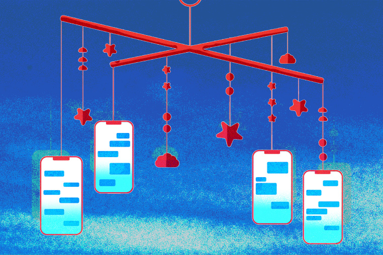 Vector Illustration of a baby mobile with phones hanging off of it.