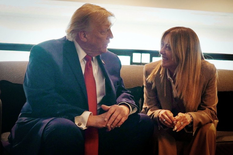 President Donald Trump speaks to Italian Prime Minister Giorgia Meloni on the sidelines of the G7 Summit in Evian-les-Bains, France, on June 17, 2026.