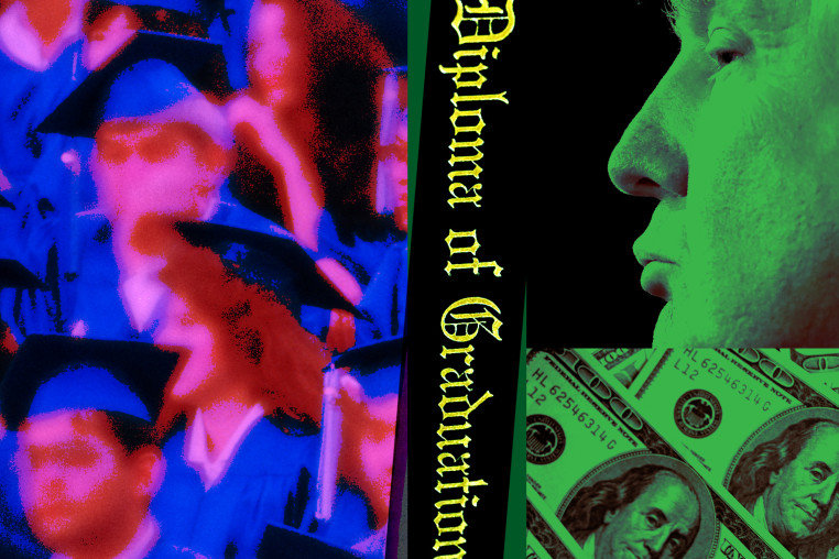 Photo Illustration of graduates, Trump, and money.