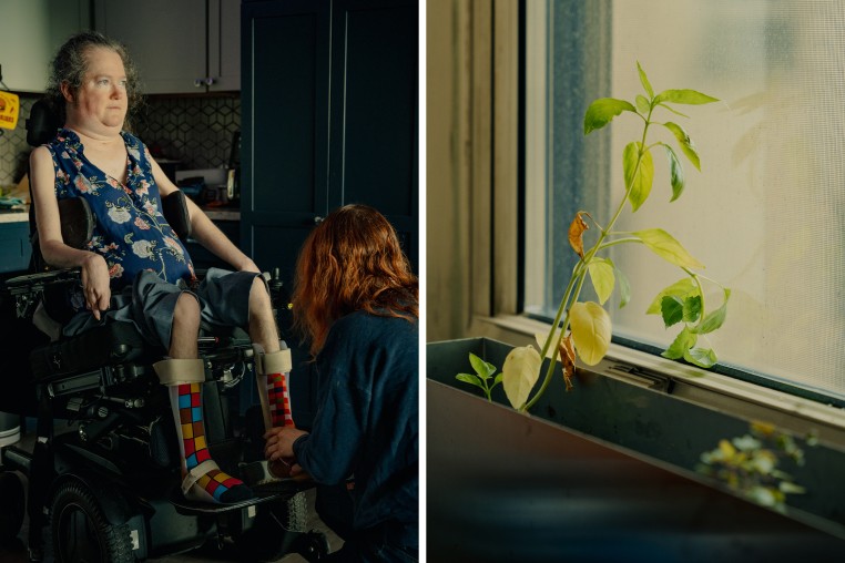 A split composite image of Rebecca Anger having her legs and feet fastened into a wheelchair, and a plant by a windowsill