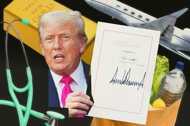 Collage of Donald Trump surrounded by: gold bar, stethoscope, a plane, and a grocery bag 