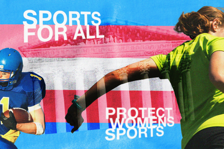 Photo illustration of young people playing football and running against a transgender pride flag and Supreme Court; words reading "Sports for all" and "Protect womens sports."