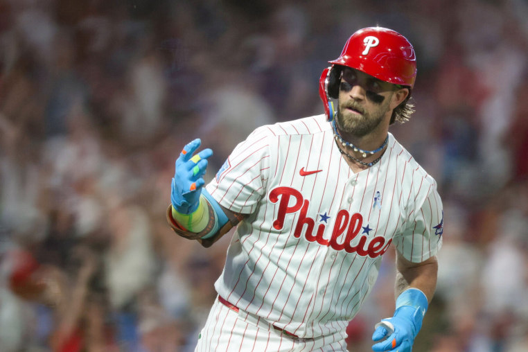 PHILADELPHIA, PA - JUNE 21: Bryce Harper #3 of the Philadelphia Phillies rounds the bases after hitting a home run in the fifth inning during the game between the New York Mets and the Philadelphia Phillies at Citizens Bank Park on Sunday, June 21, 2026 in Philadelphia, Pennsylvania. (Photo by Rob Tringali/MLB Photos via Getty Images)